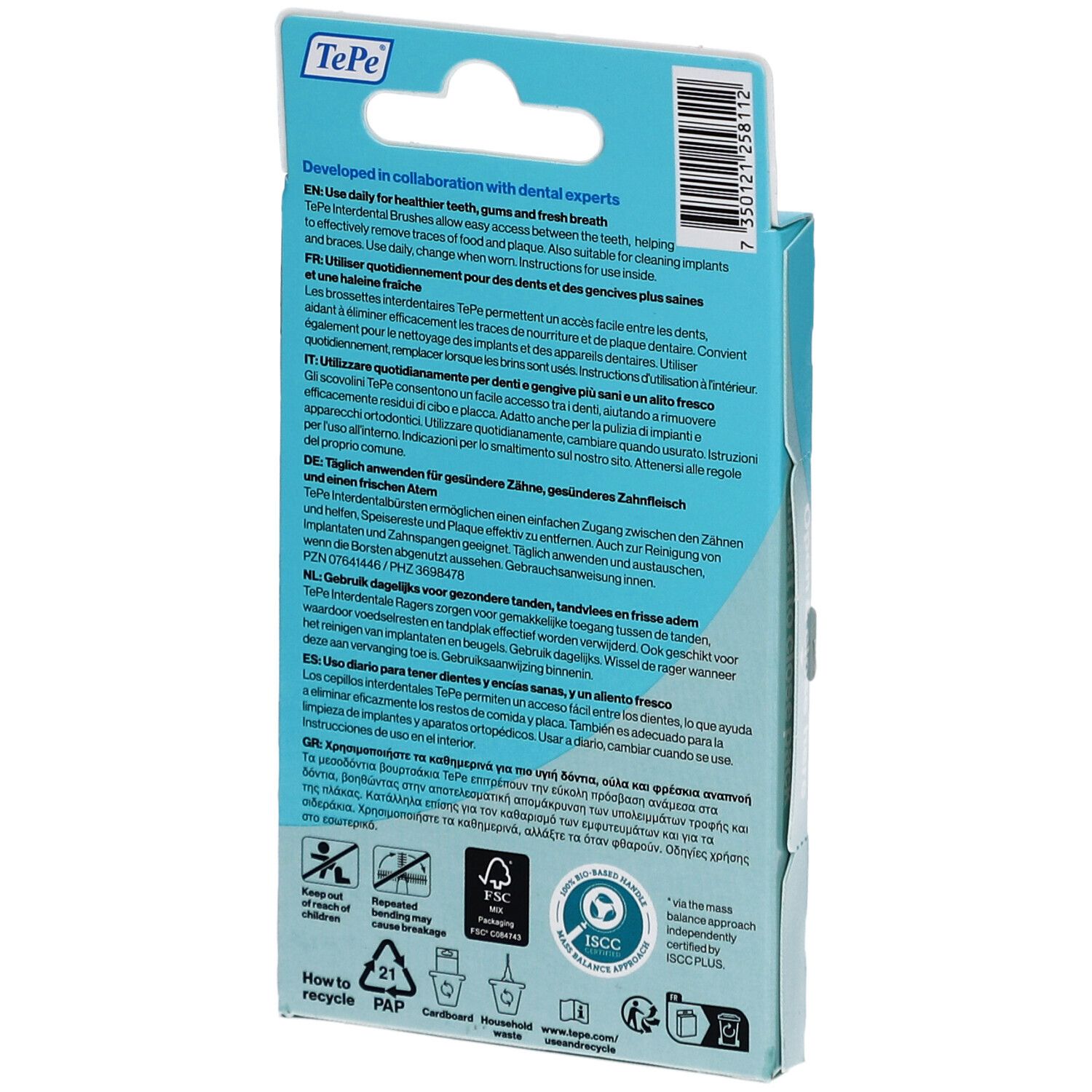 Retro della confezione con testo multilingue. Informazioni sull'uso e ingredienti. Certificazione FSC.