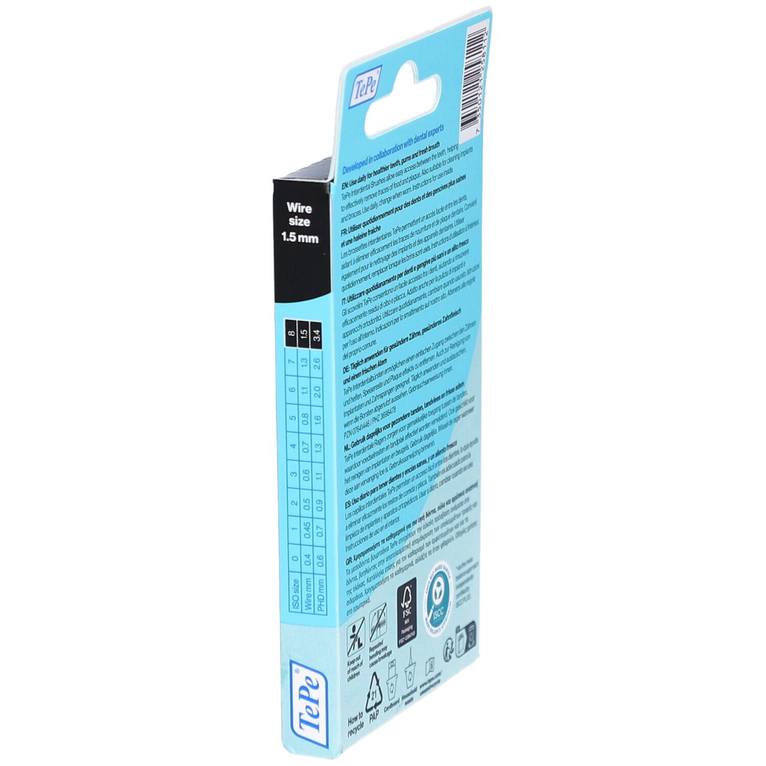 Lato della confezione con indicazioni delle dimensioni. Spessore del filo 1,5 mm. Dimensioni ISO 0-8. Marchio TePe. Simboli di riciclaggio.