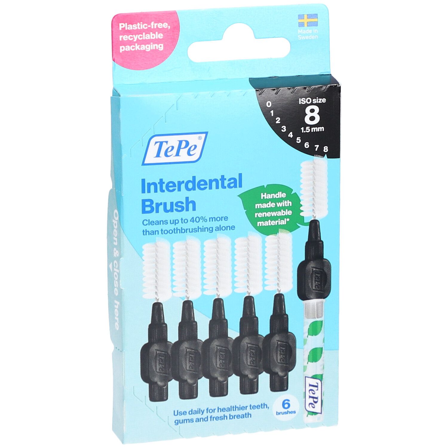 Confezione da 6 scovolini neri TePe. Dimensione ISO 8, 1,5 mm. Imballaggio riciclabile e senza plastica.