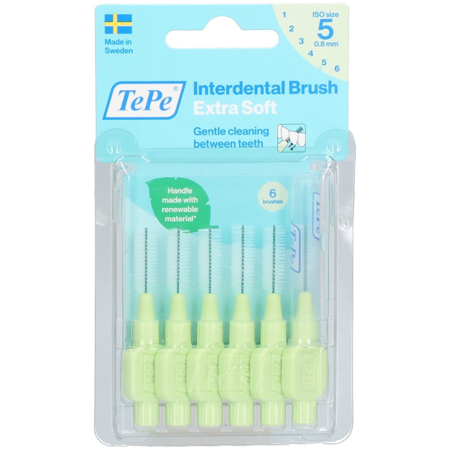 Confezione di sei scovolini interdentali verde chiaro. Scritto: TePe Interdental Brush Extra Soft. Misura 5, 0,8 mm. Prodotto in Svezia. Manico in materiale rinnovabile.