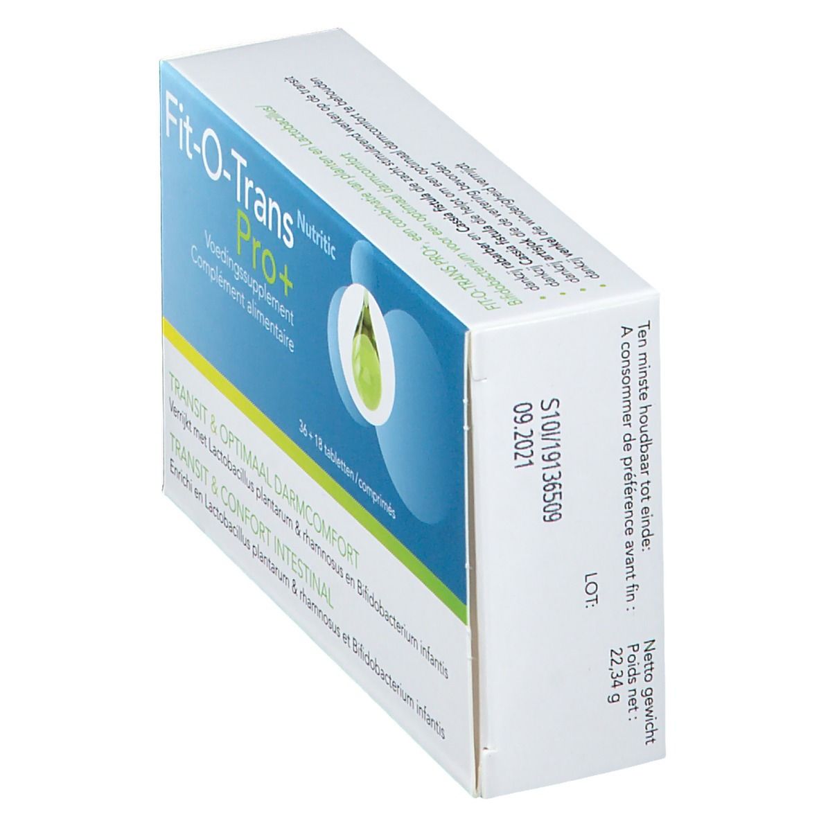 Scatola di integratore alimentare Fit-O-Trans Pro+. Contiene 36+18 compresse. Scritto: Transit & comfort intestinale.