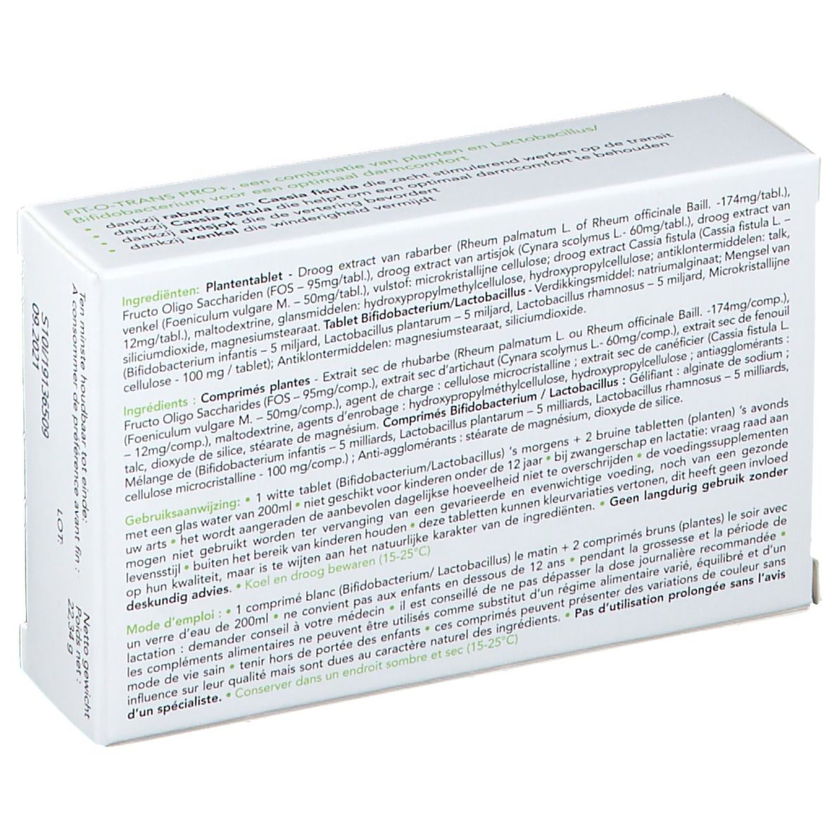 Retro della scatola di integratore Fit-O-Trans Pro+. Contiene ingredienti e istruzioni per l'uso.
