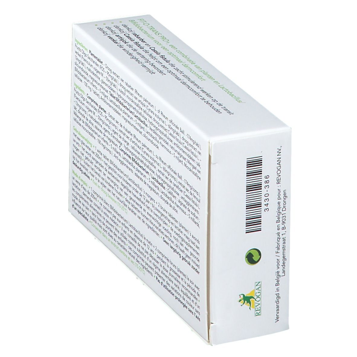 Retro della scatola di integratore Fit-O-Trans Pro+. Contiene informazioni e codice a barre.