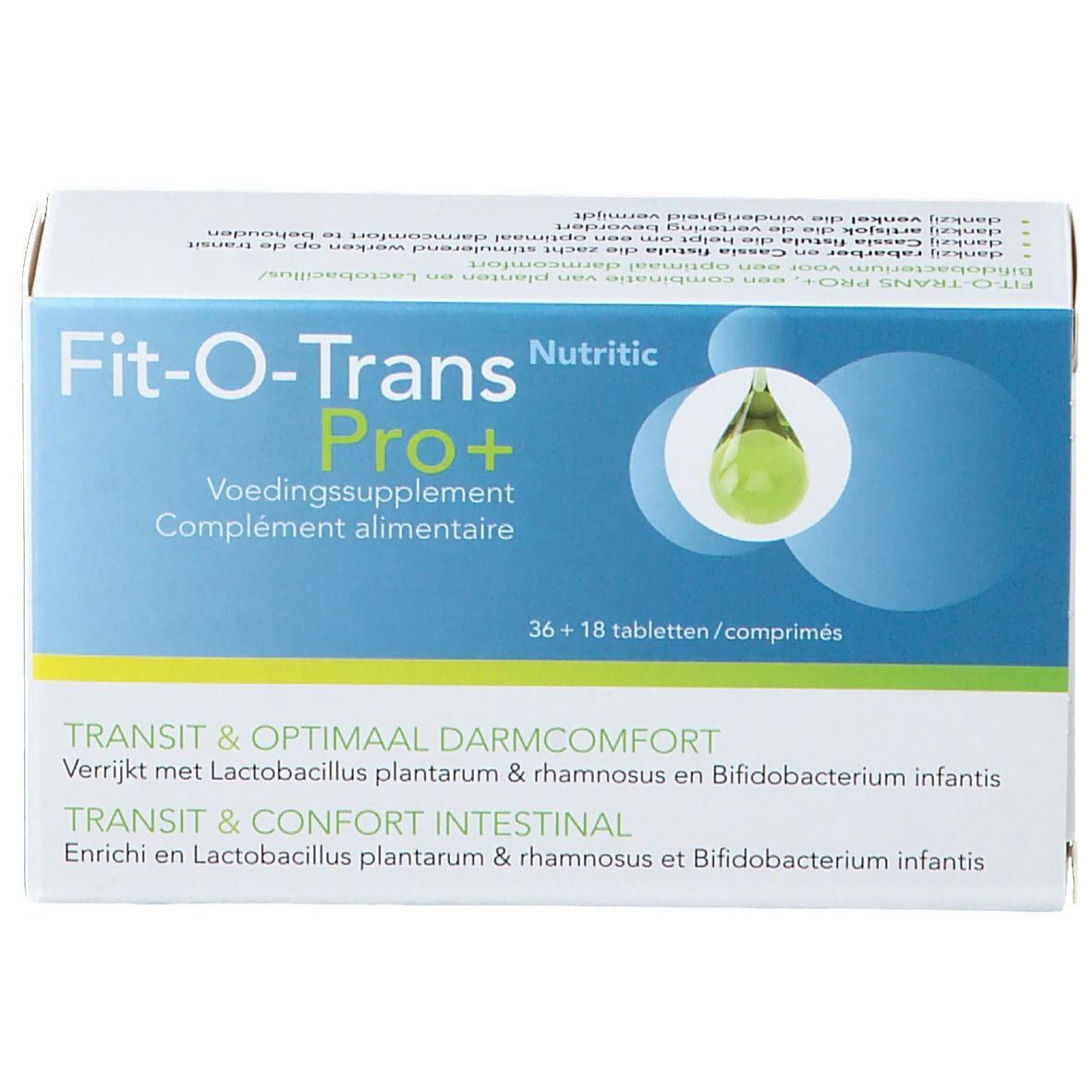 Scatola di integratore alimentare Fit-O-Trans Pro+. Contiene 36+18 compresse. Scritto: Transit & comfort intestinale.