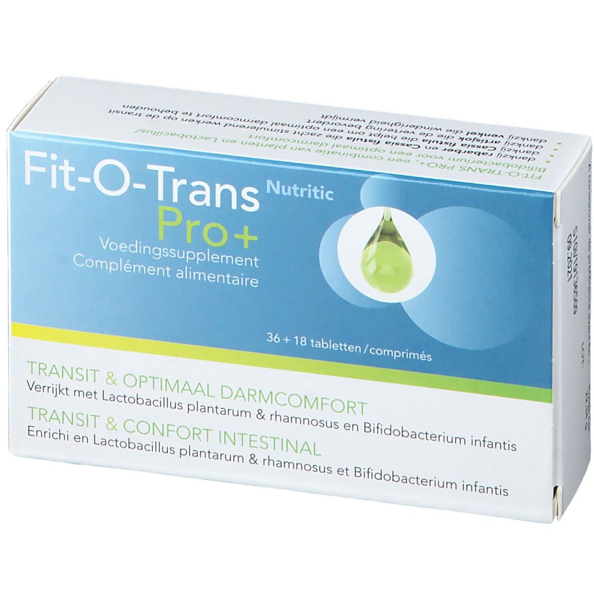 Scatola di integratore alimentare Fit-O-Trans Pro+. Contiene 36+18 compresse. Scritto: Transit & comfort intestinale.