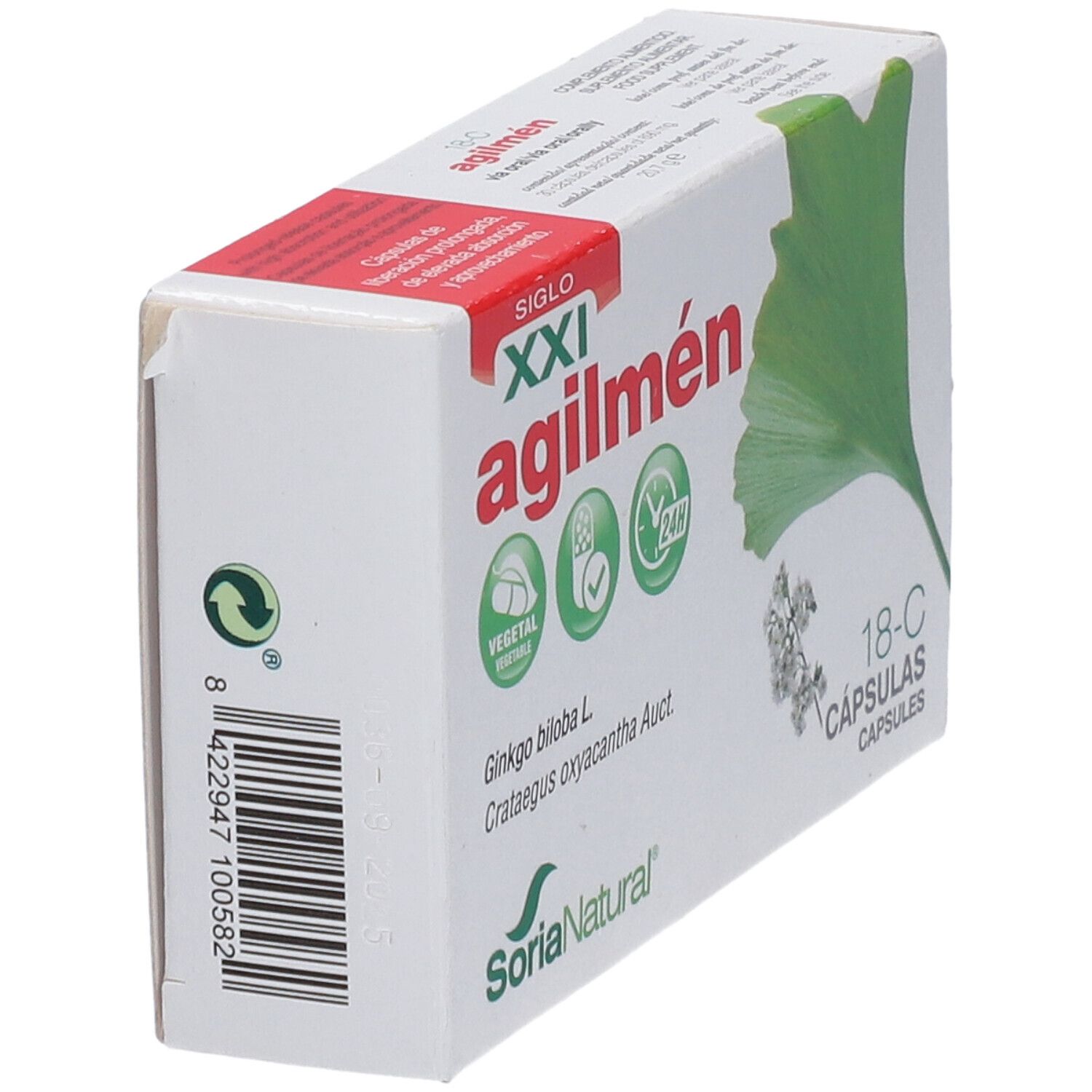 Confezione del prodotto Agilmen con illustrazione di foglia di ginkgo. Marchio Soria Natural.