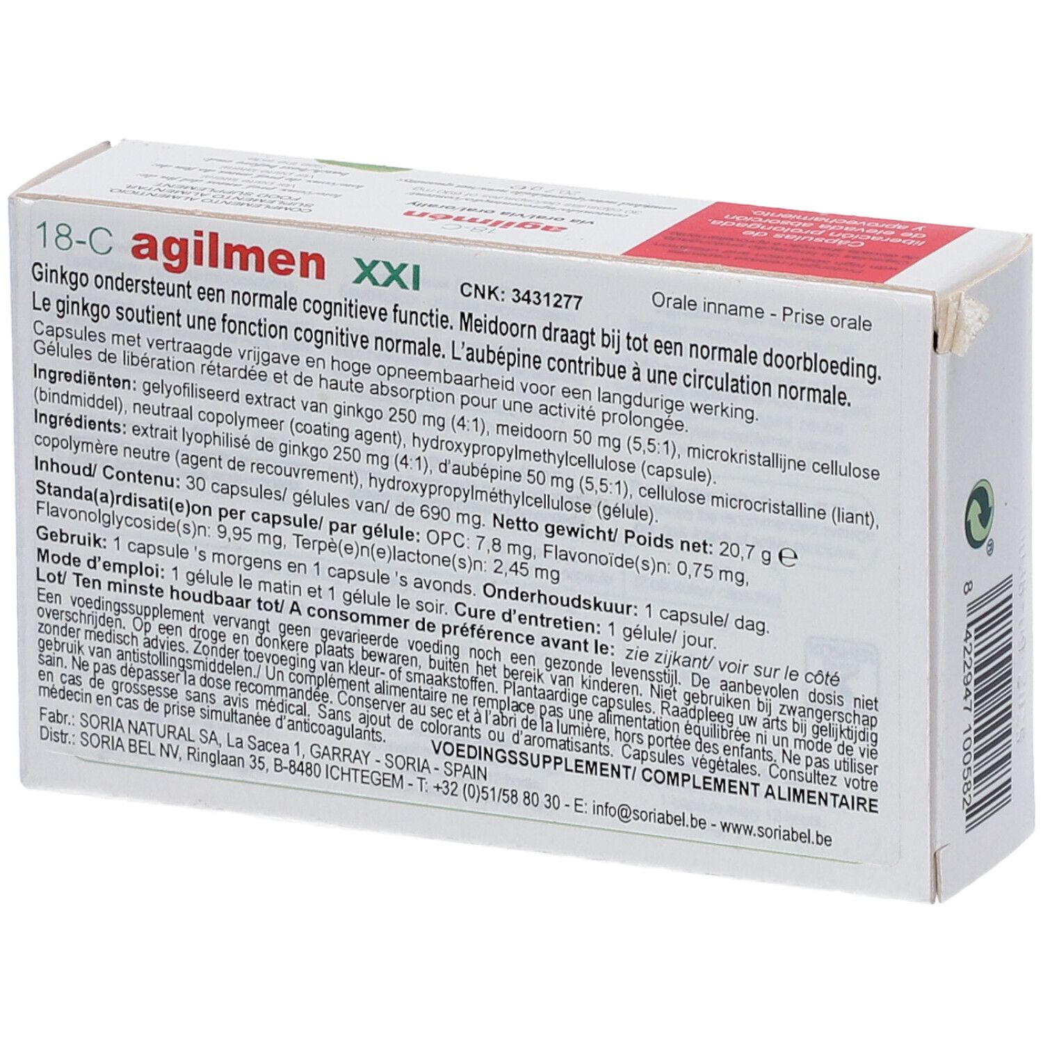 Confezione del prodotto con testo. Contiene informazioni sugli ingredienti e il dosaggio. Marchio Soria Natural.