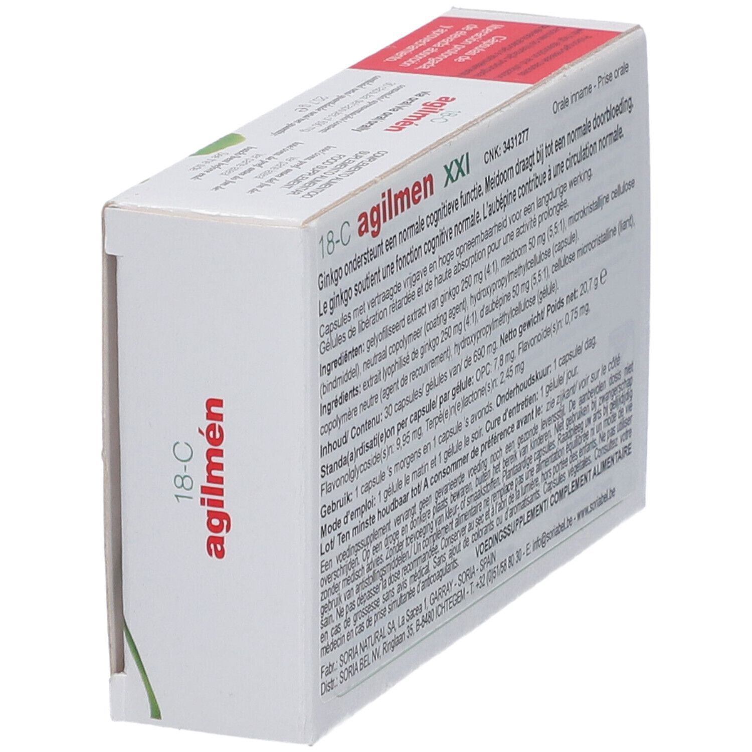 Confezione del prodotto con testo. Contiene informazioni sugli ingredienti e il dosaggio. Marchio Soria Natural.