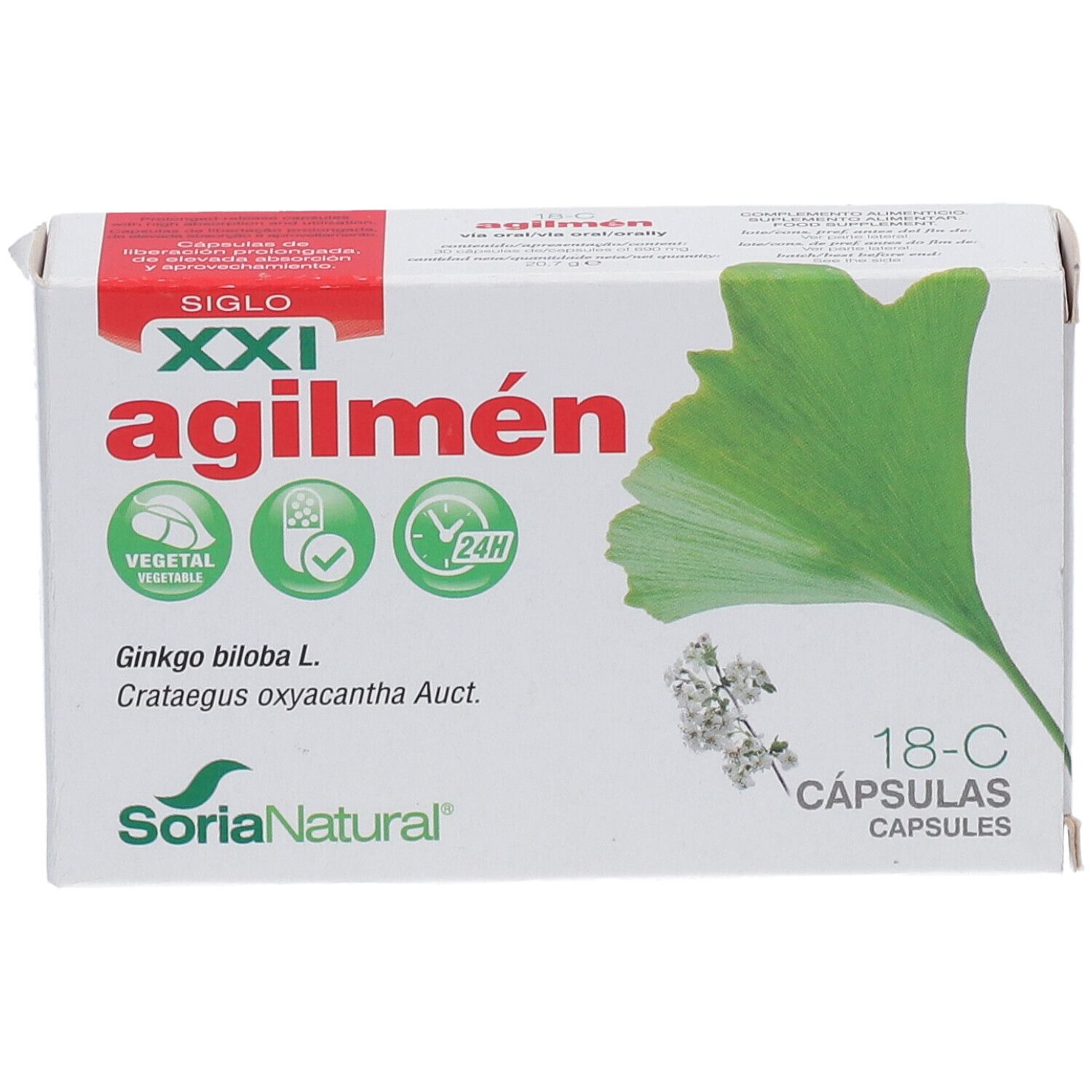 Scatola di capsule Agilmen con illustrazione di foglia di ginkgo. Marchio Soria Natural.