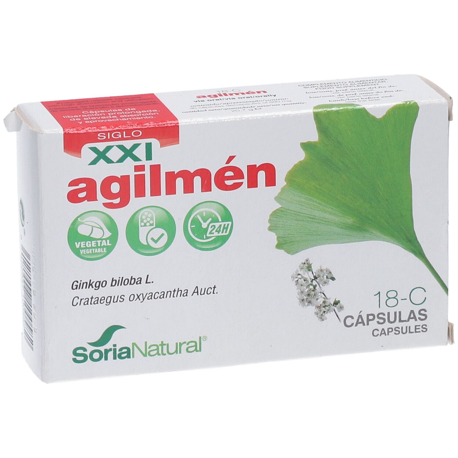 Scatola di capsule Agilmen con illustrazione di foglia di ginkgo. Marchio Soria Natural.