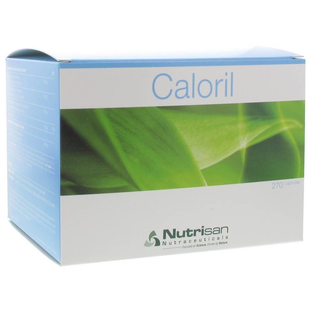 Confezione in cartone con il nome del prodotto Caloril e il logo Nutrisan. Stampa con foglie verdi.