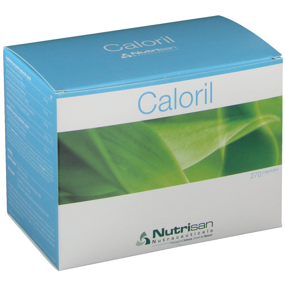 Confezione in cartone con il nome del prodotto Caloril e il logo Nutrisan. Stampa con foglie verdi.