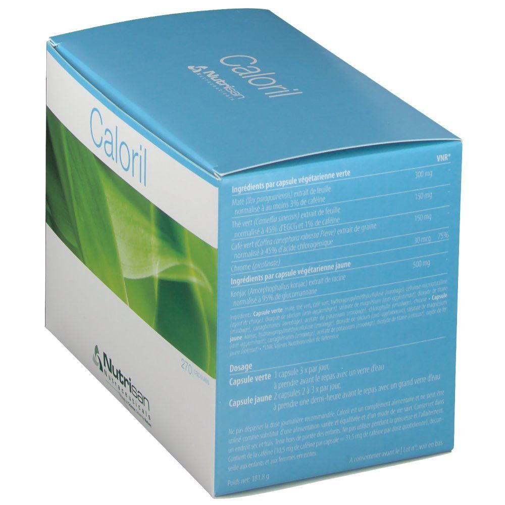 Confezione in cartone con il nome del prodotto Caloril e il logo Nutrisan. Stampa con foglie verdi e testo.
