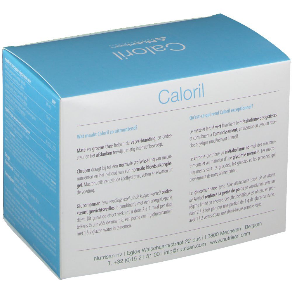 Confezione in cartone con il nome del prodotto Caloril e il logo Nutrisan. Stampa con foglie verdi e testo.