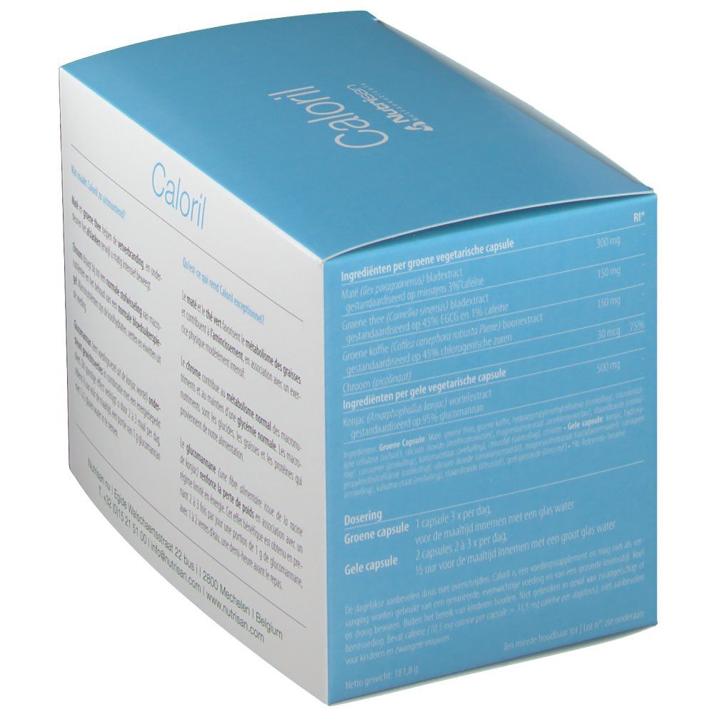 Confezione in cartone con il nome del prodotto Caloril e il logo Nutrisan. Stampa con foglie verdi e testo.
