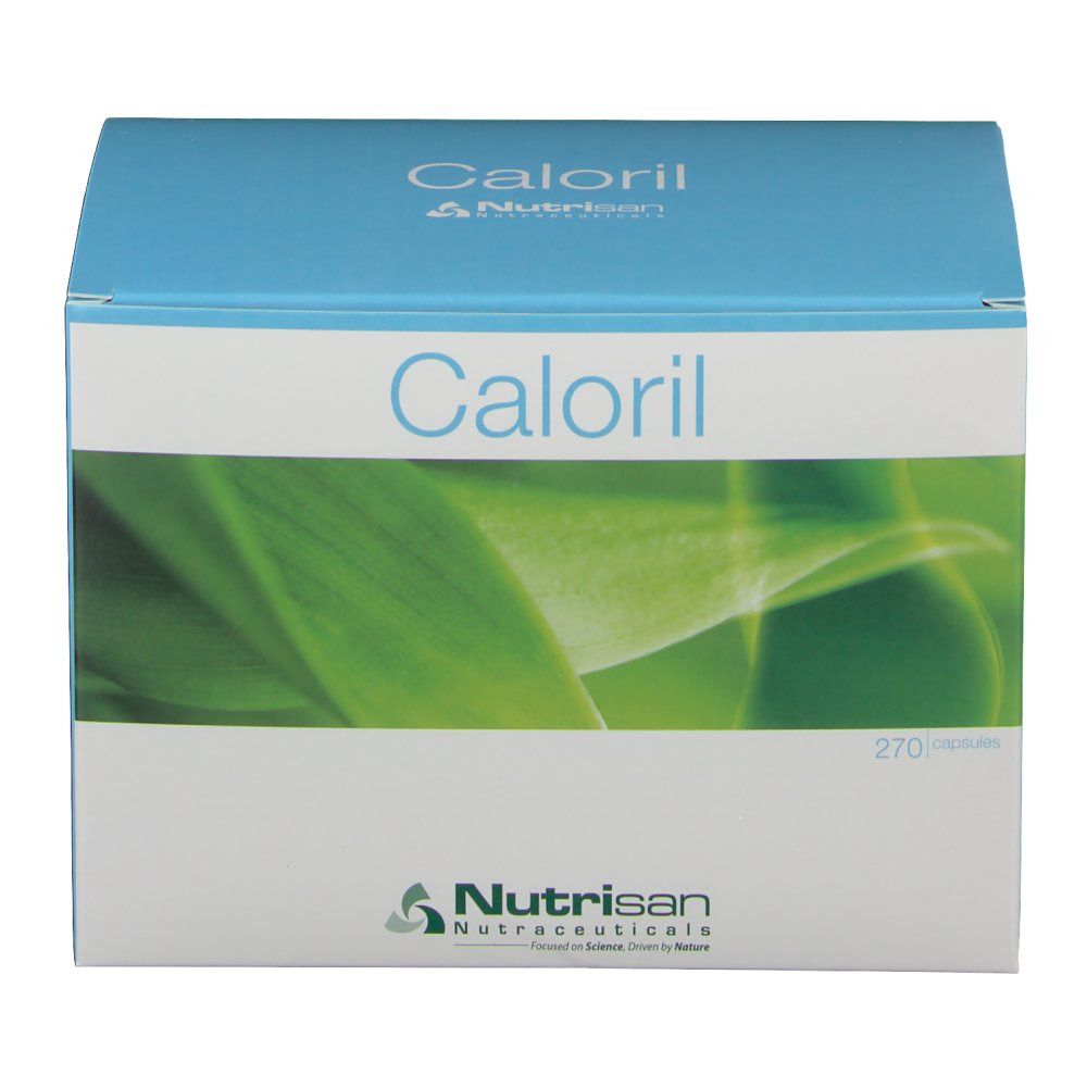 Confezione in cartone con il nome del prodotto Caloril e il logo Nutrisan. Stampa con foglie verdi.