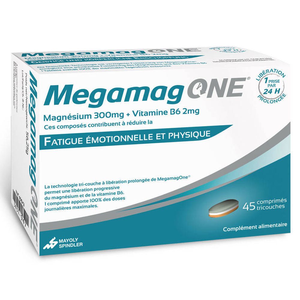 Scatola di Megamag One. Contiene Magnesio 300mg + Vitamina B6 2mg. 45 compresse. Riduce l'affaticamento emotivo e fisico.