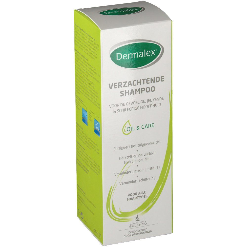 Confezione Dermalex Shampooing Apaisant. Design verde e bianco. Testo: Verzachtende Shampoo, Oil & Care.