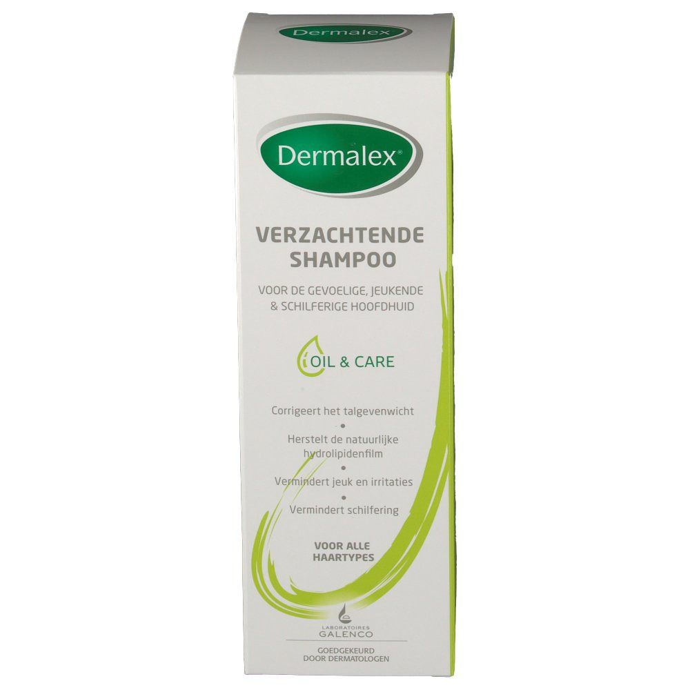 Confezione Dermalex Shampooing Apaisant. Design bianco e verde. Testo: Verzachtende Shampoo, Oil & Care.