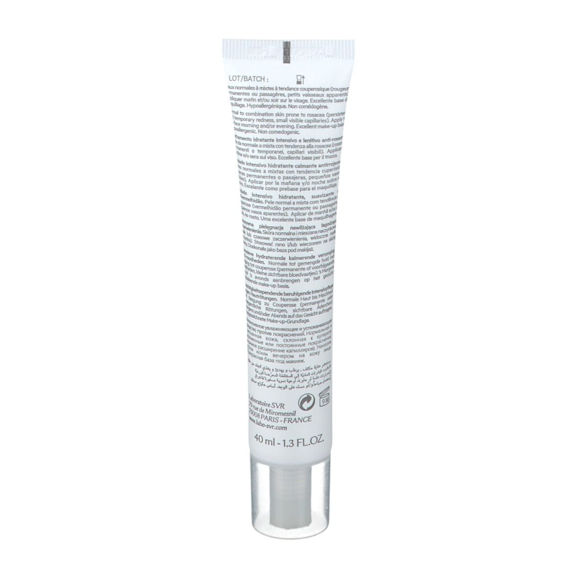 Retro del tubo bianco SVR SENSIFINE AR Creme. Testo multilingue. 40 ml.