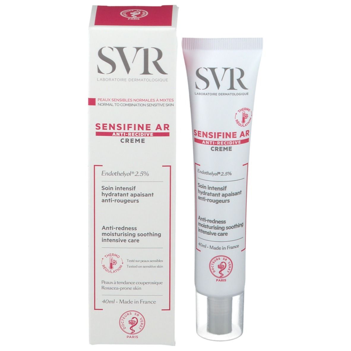 SVR SENSIFINE AR Creme e confezione. Tubo e scatola bianchi. Accenti rossi. 40ml.