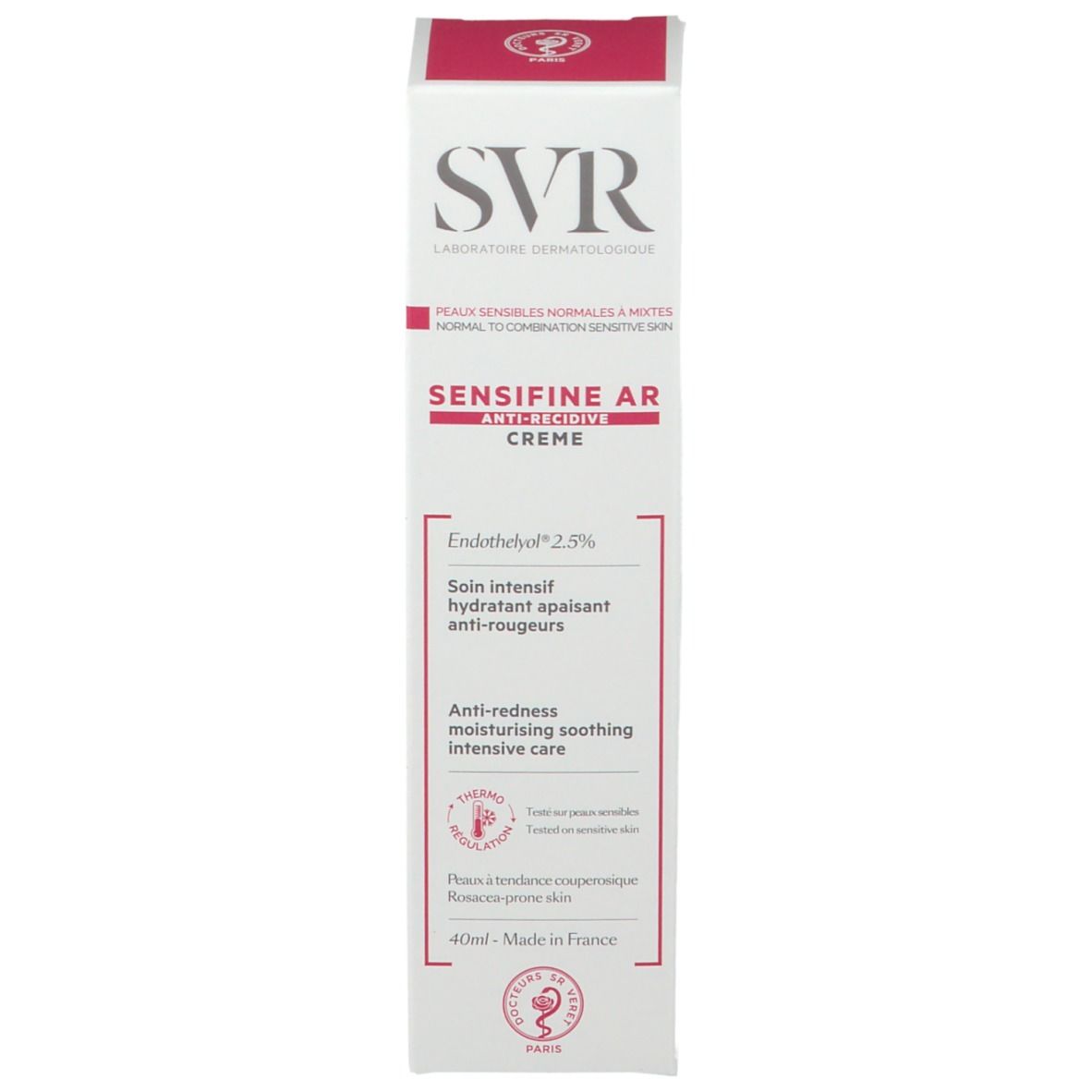 Confezione SVR SENSIFINE AR Creme. Scatola bianca con coperchio rosso. Testo multilingue. 40ml.