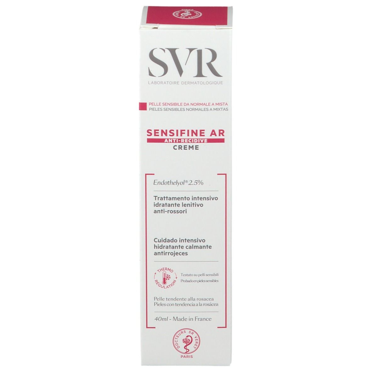 Retro della confezione SVR SENSIFINE AR Creme. Testo multilingue. 40 ml.