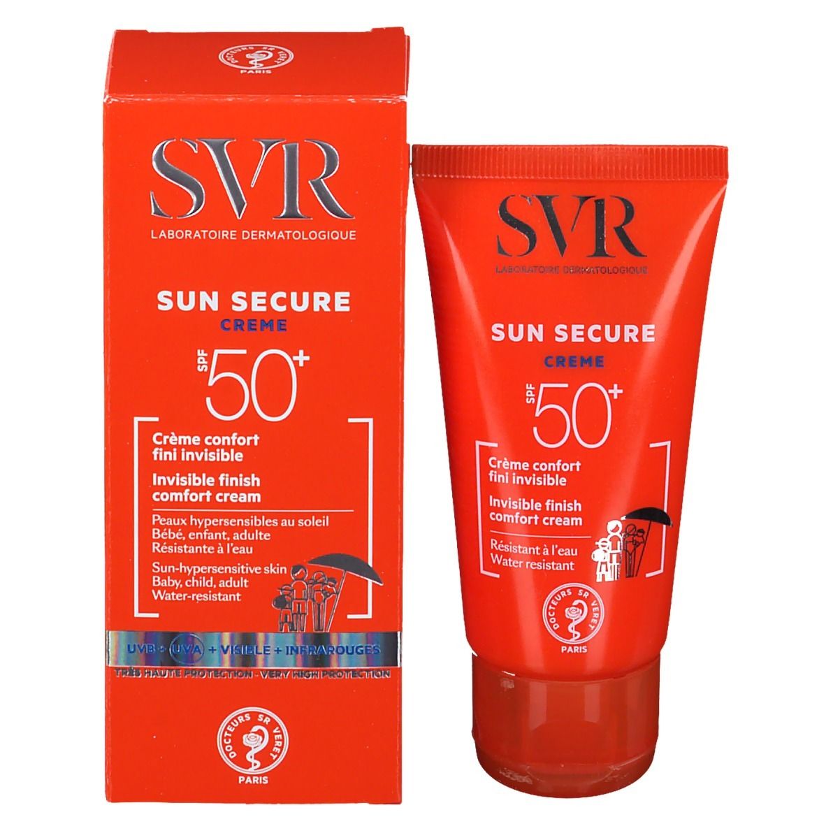 SVR Sun Secure Crema SPF50+ in scatola e tubo. Testo: Invisible finish comfort cream. Resistente all'acqua.