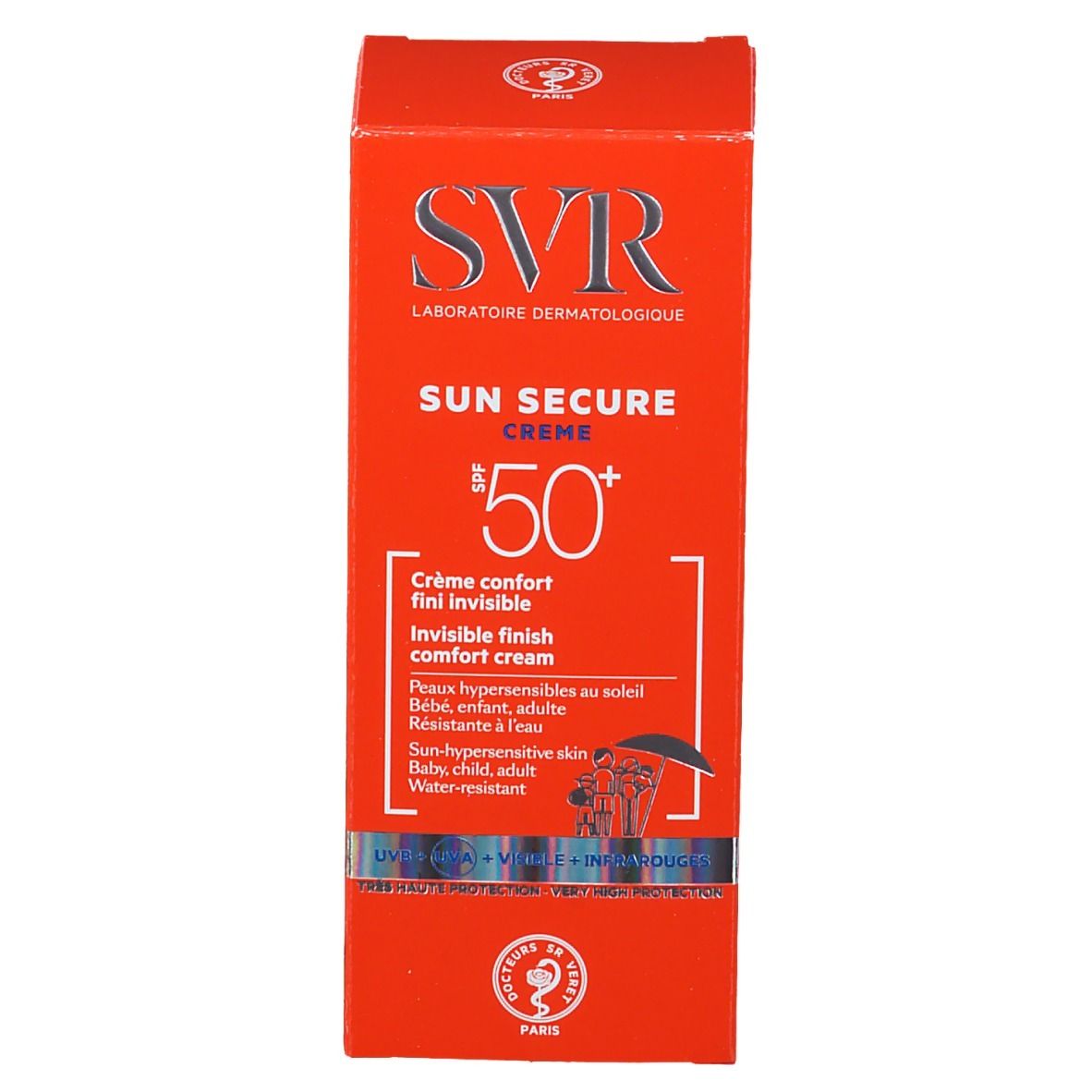 Scatola arancione SVR Sun Secure Crema SPF50+. Testo: Invisible finish comfort cream. Resistente all'acqua.