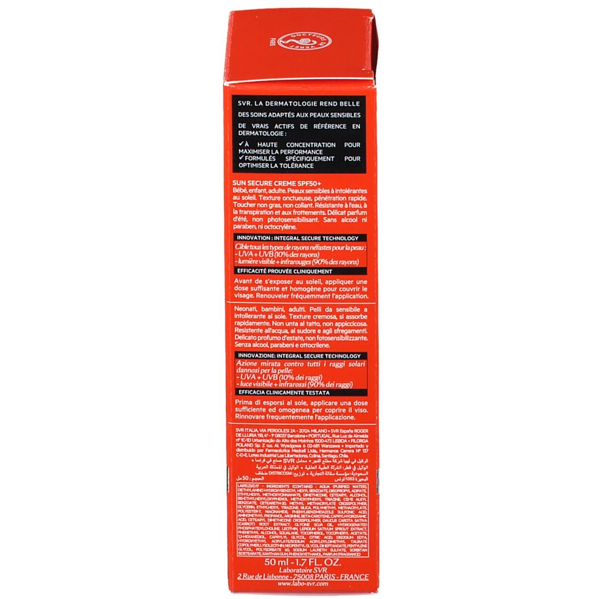 Retro della scatola SVR Sun Secure Crema SPF50+. Testo: Informazioni sul prodotto e ingredienti.