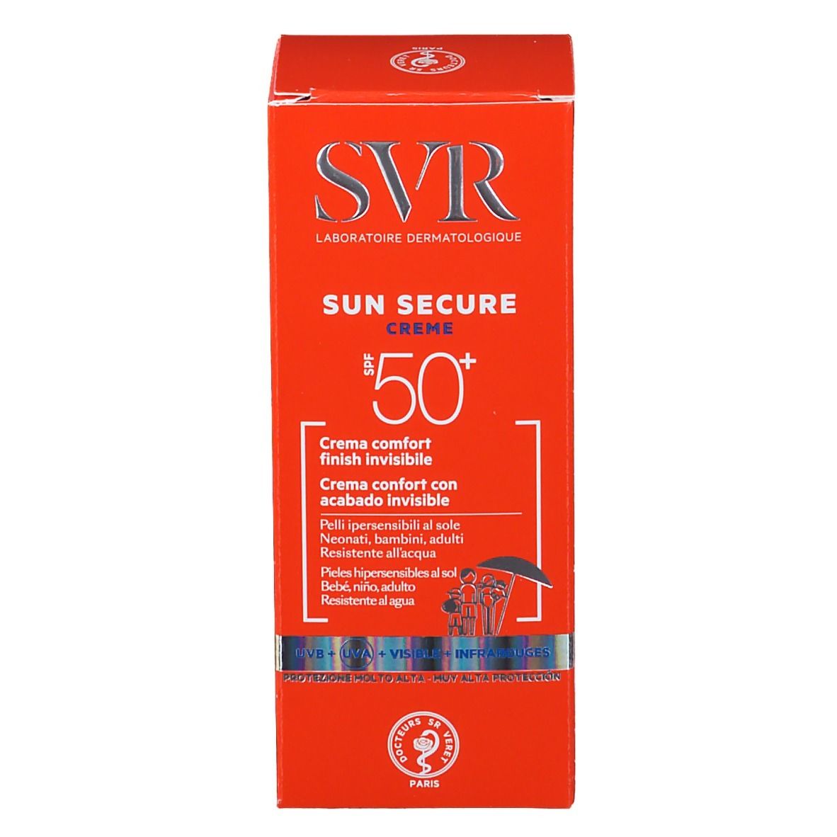 Scatola arancione SVR Sun Secure Crema SPF50+. Testo: Invisible finish comfort cream. Resistente all'acqua.