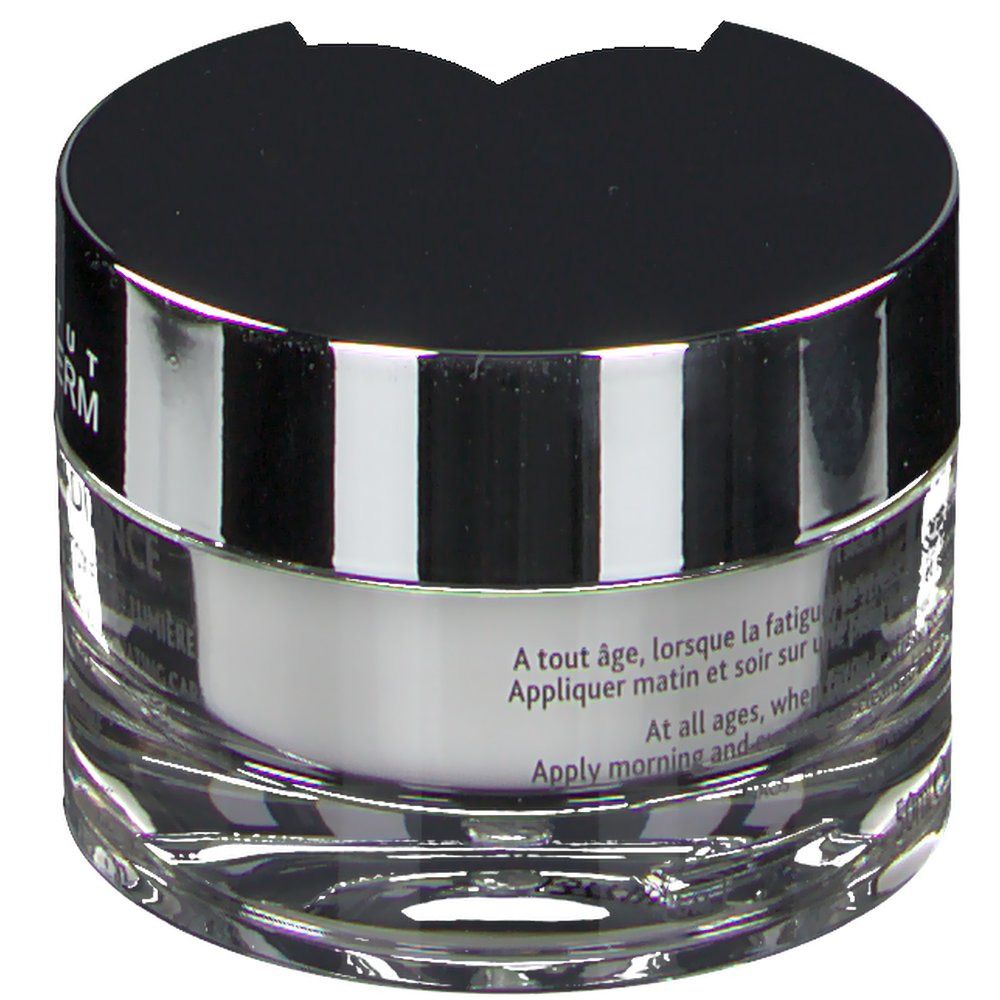 Vasetto di vetro con coperchio nero. Scritta: INSTITUT ESTHEDERM. Testo: A tout âge, appliquer matin et soir. At all ages, apply morning and night.