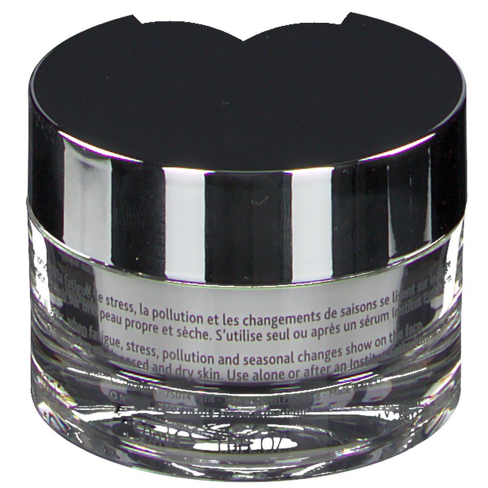 Vasetto di vetro con coperchio nero. Testo: stress, pollution et les changements de saisons se lisent sur la peau propre et sèche. Use alone or after an Institut Esthederm serum.