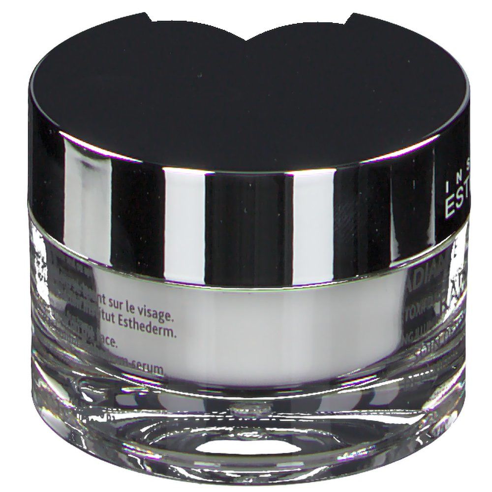 Vasetto di vetro con coperchio nero. Scritta: INSTITUT ESTHEDERM, RADIANCE. Testo: Appliquer sur le visage. Institut Esthederm.