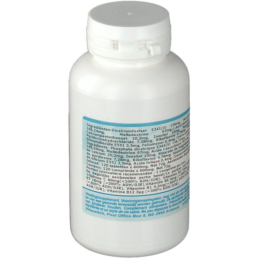 Flacone bianco con tappo a capsula. Etichetta con ingredienti e informazioni nutrizionali.