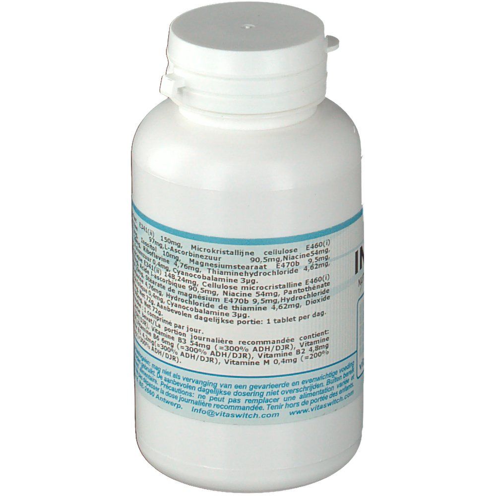 Flacone bianco con tappo a capsula. Etichetta con ingredienti e informazioni nutrizionali.