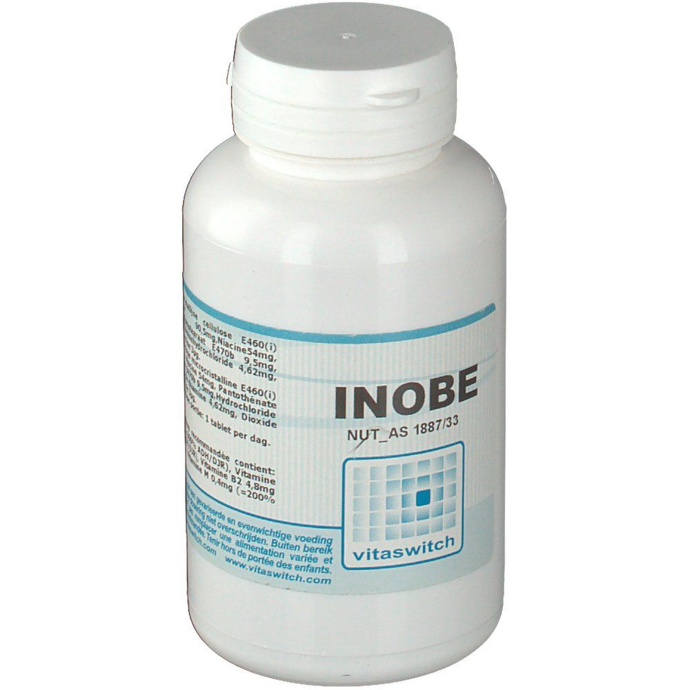 Flacone bianco con etichetta INOBE. Scritta INOBE, NUT_AS 1887/33 e logo vitaswitch. Tappo a capsula.