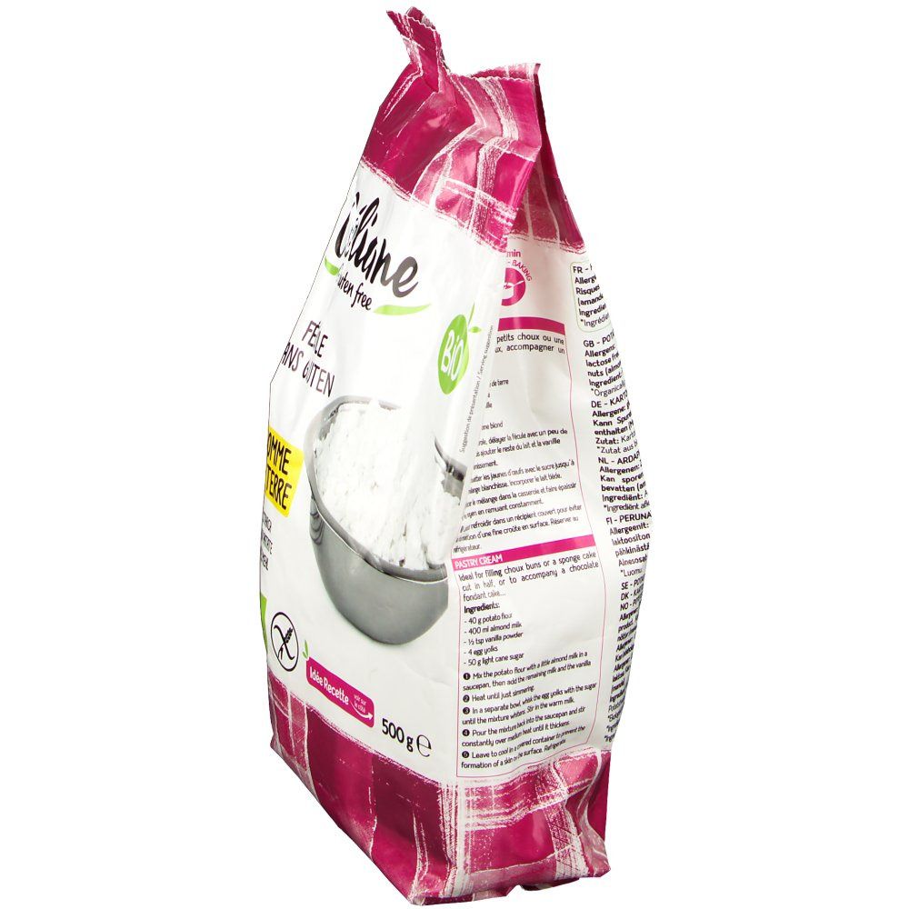 Vista laterale della confezione di fecola di patate Céliane. Scritta: BIO, Fecule sans gluten, Pomme de terre. Contenuto: 500g.