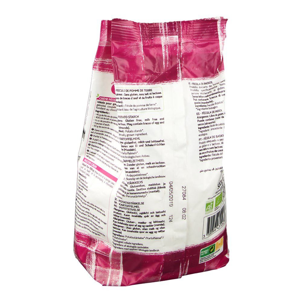 Retro della confezione di fecola di patate Céliane. Testo multilingue. Stampa: logo BIO, numero di lotto, data di scadenza.