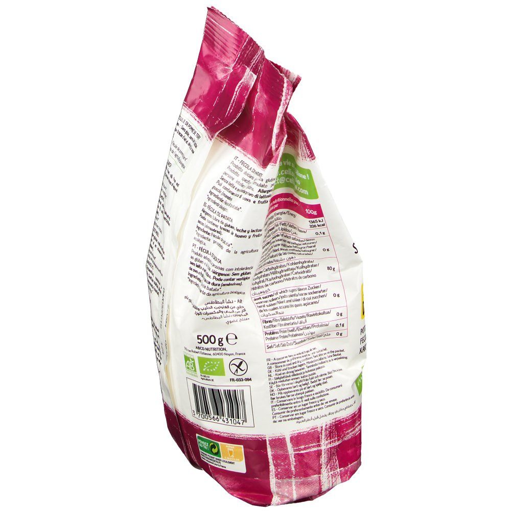 Vista laterale della confezione di fecola di patate Céliane. Stampa: logo BIO, informazioni nutrizionali, contenuto: 500g.