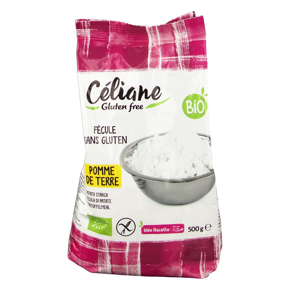 Confezione di fecola di patate Céliane senza glutine. Scritta: BIO, Fecule sans gluten, Pomme de terre. Contenuto: 500g.
