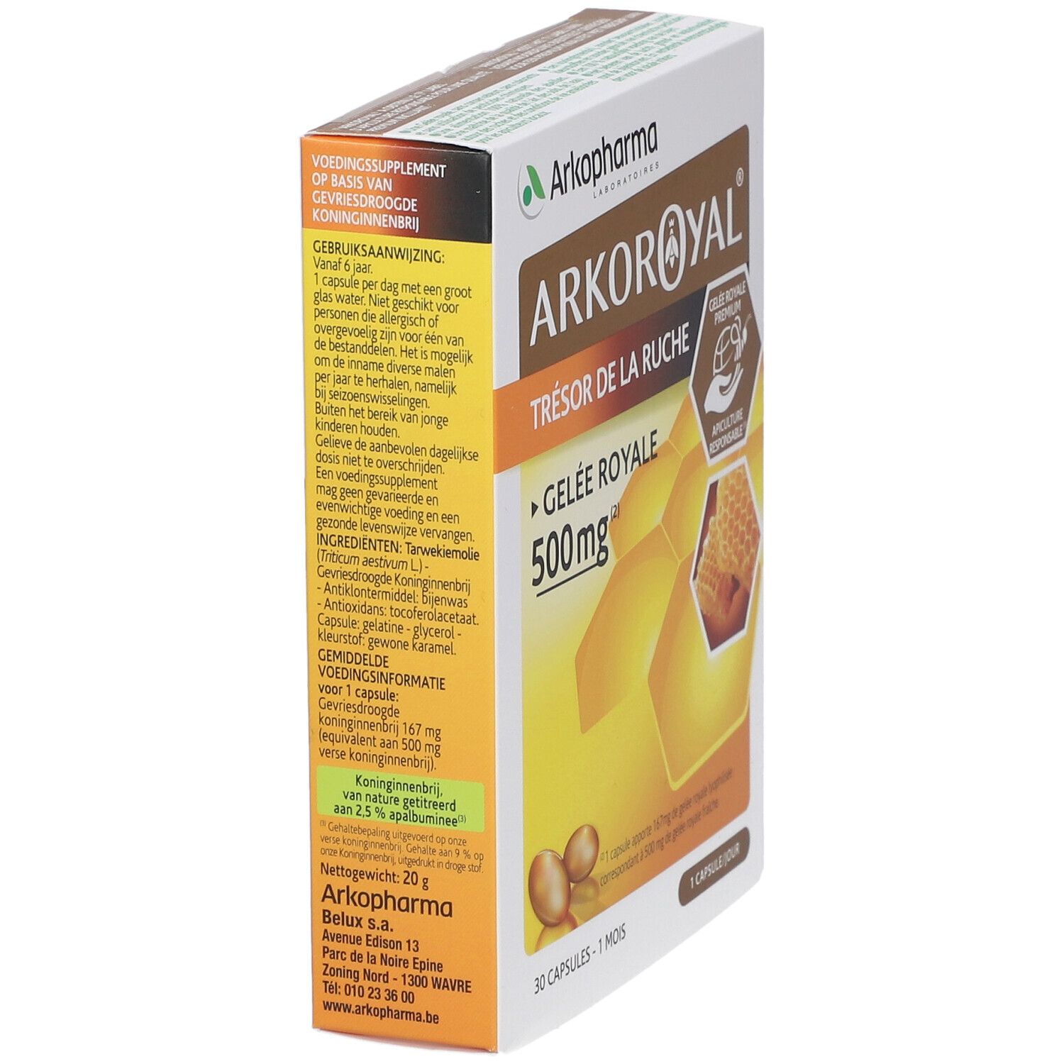 Vista laterale della confezione Arkoroyal. Testo: Gelée Royale 500mg. Illustrazione a nido d'ape. Certificazione Apiculture Responsable.