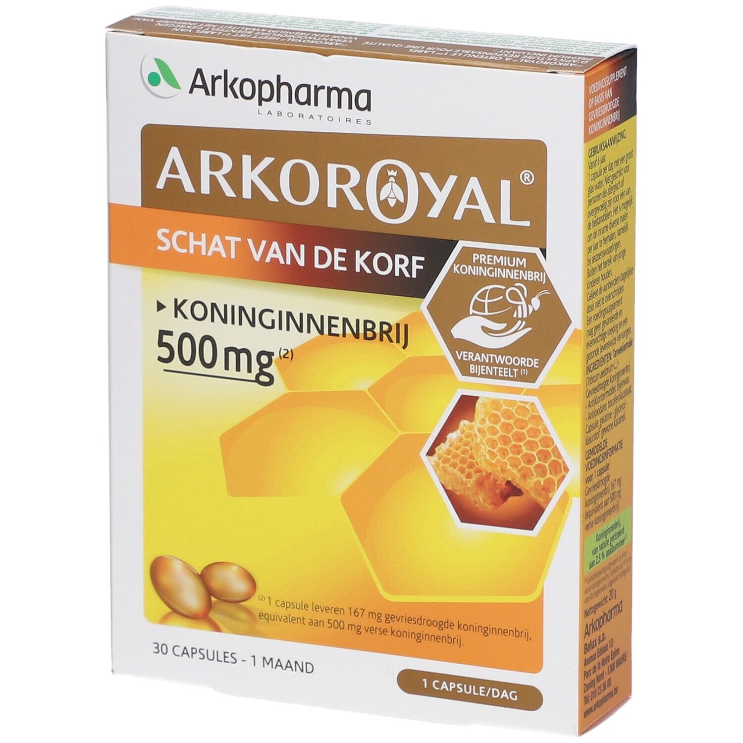 Confezione Arkoroyal. Testo: Koninginnenbrij 500mg. Illustrazione a nido d'ape. Premium Koninginnenbrij. Apicoltura responsabile.