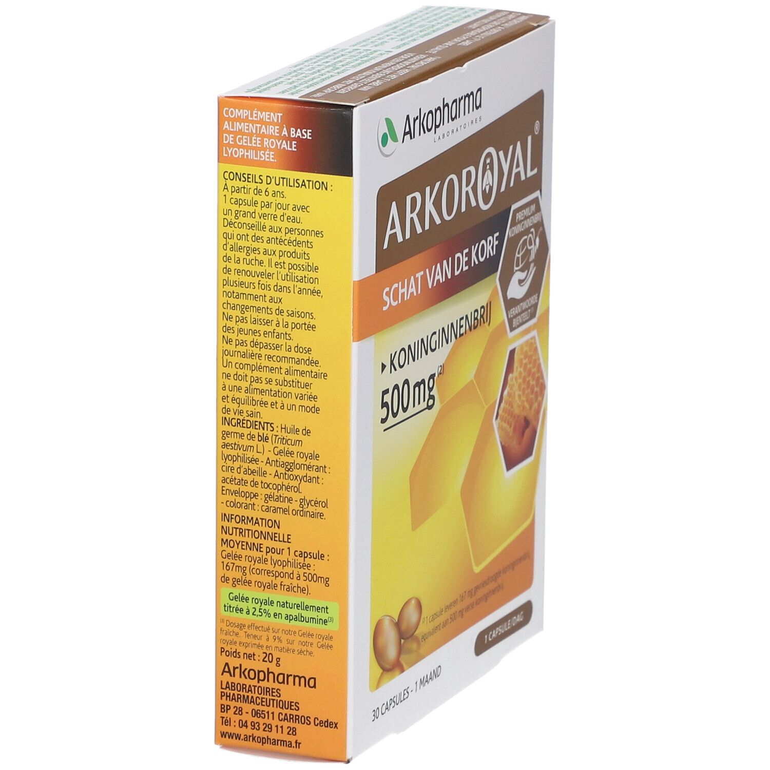 Vista laterale della confezione Arkoroyal. Testo: Koninginnenbrij 500mg. Illustrazione a nido d'ape. Certificazione Apiculture Responsable.