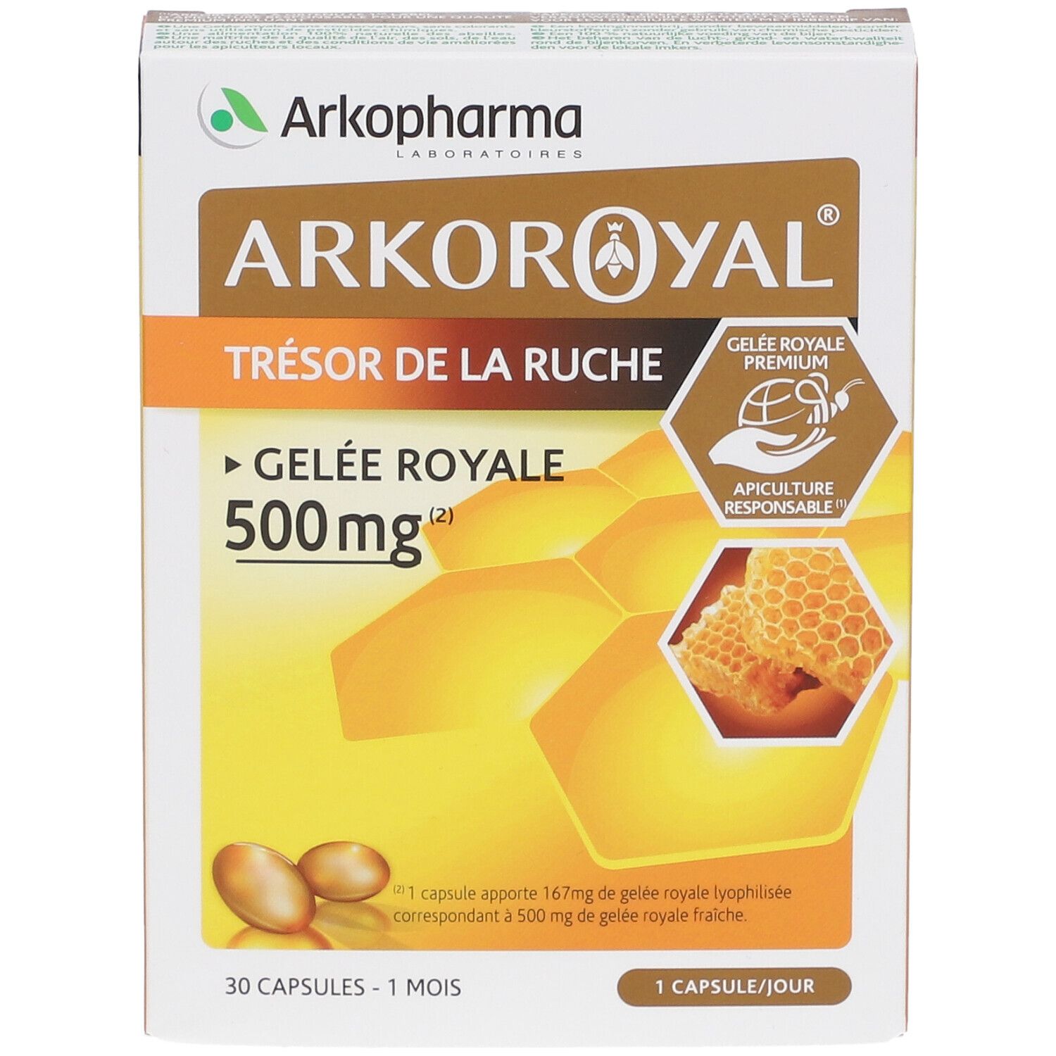 Scatola Arkoroyal Gelée Royale 500mg. Capsule gialle, illustrazione a nido d'ape. Certificazione Apiculture Responsable.