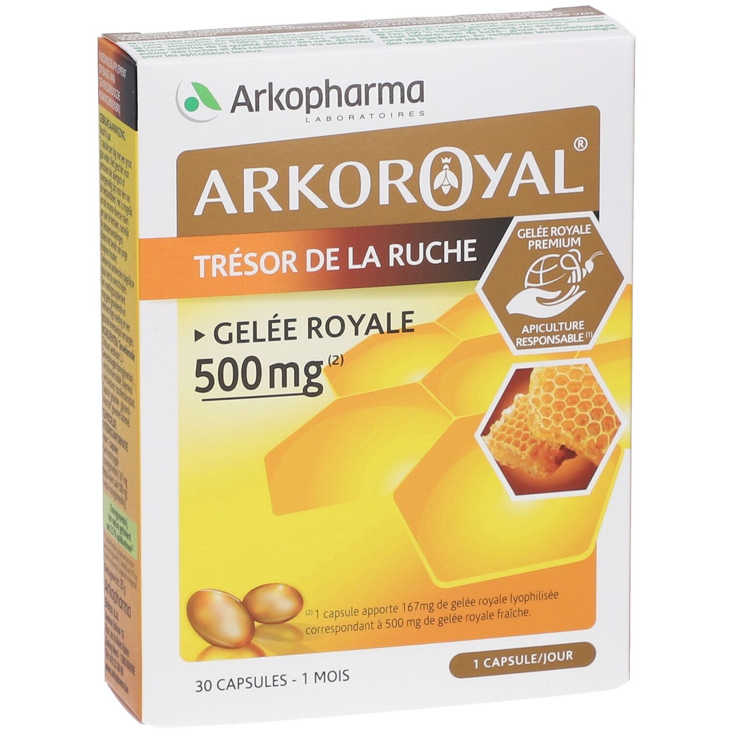 Scatola Arkoroyal Gelée Royale 500mg. Capsule gialle, illustrazione a nido d'ape. Certificazione Apiculture Responsable.
