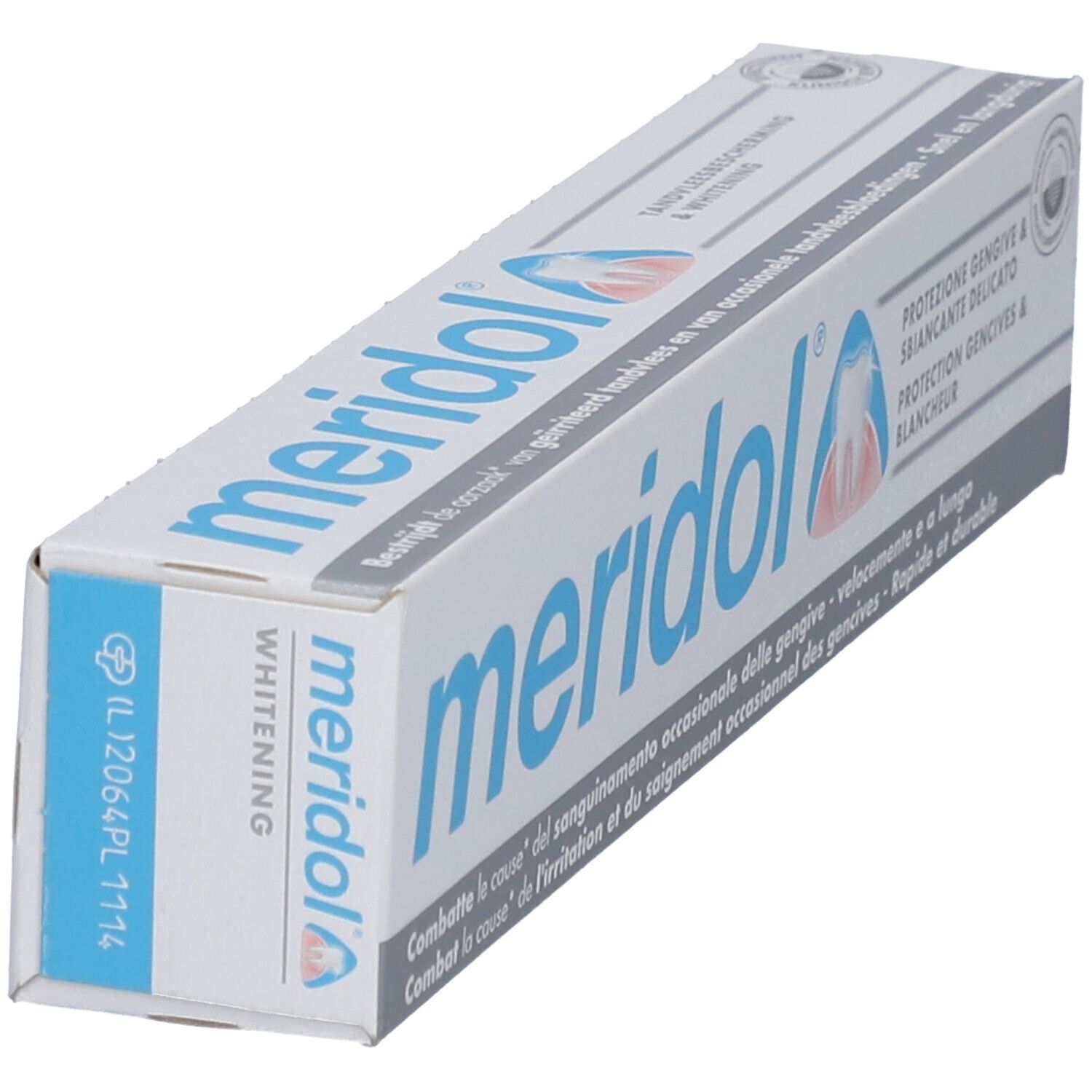 Scatola di dentifricio bianca con scritta blu "meridol". "Whitening" e altri testi in diverse lingue.