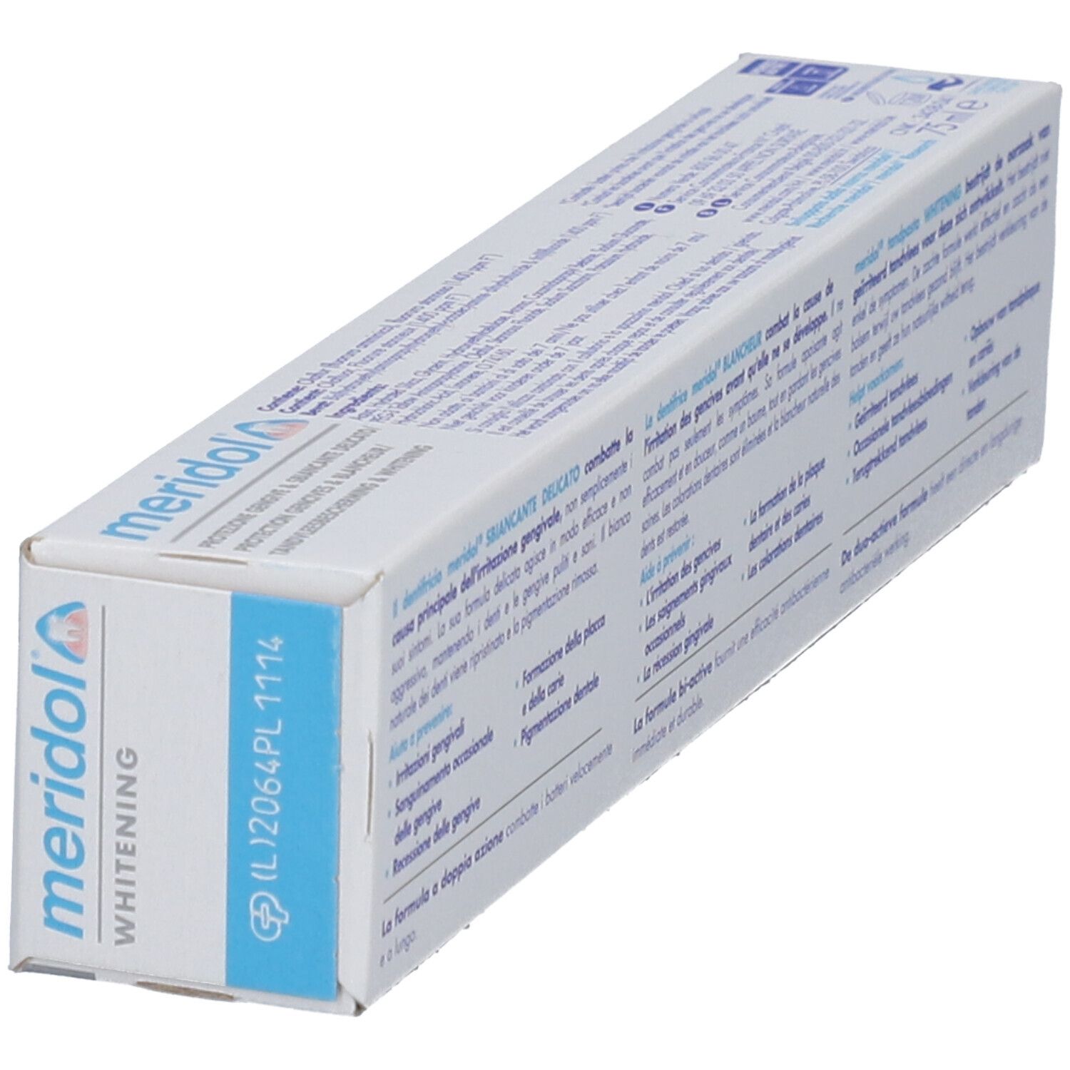 Scatola di dentifricio bianca con scritta blu "meridol". Retro con testo in diverse lingue.
