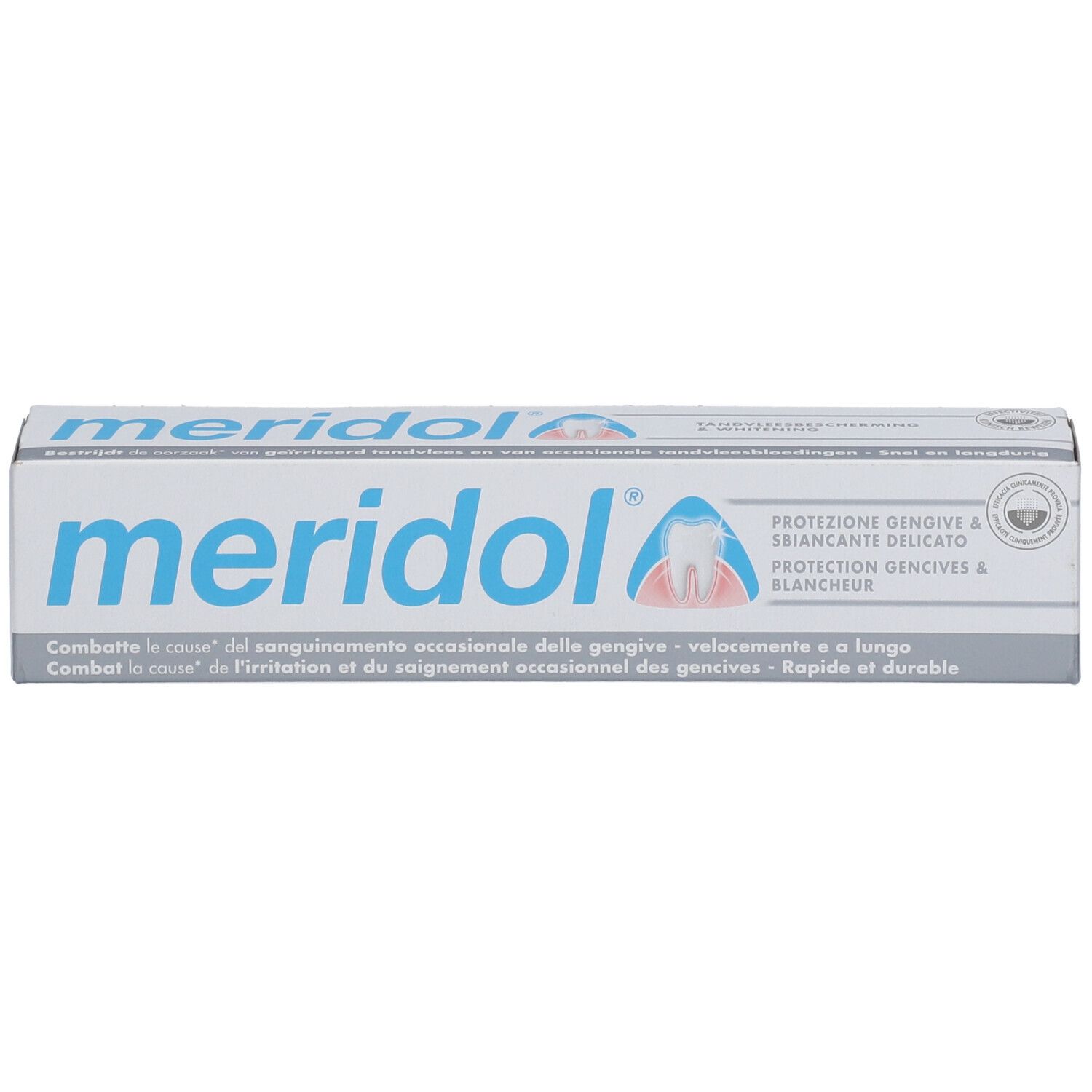 Scatola di dentifricio bianca con scritta blu "meridol". Testo: Protezione gengive & sbiancamento delicato.