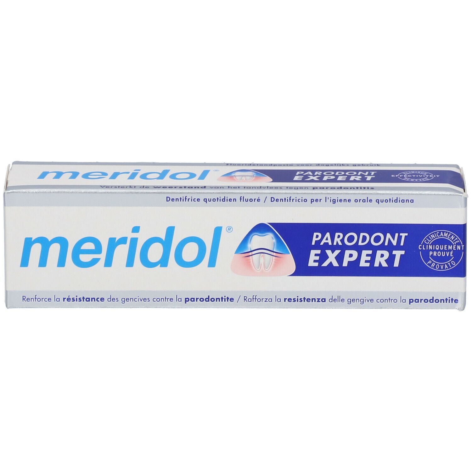 Scatola di dentifricio bianca e blu. Scritta: meridol, Parodont Expert. Clinicamente provato.